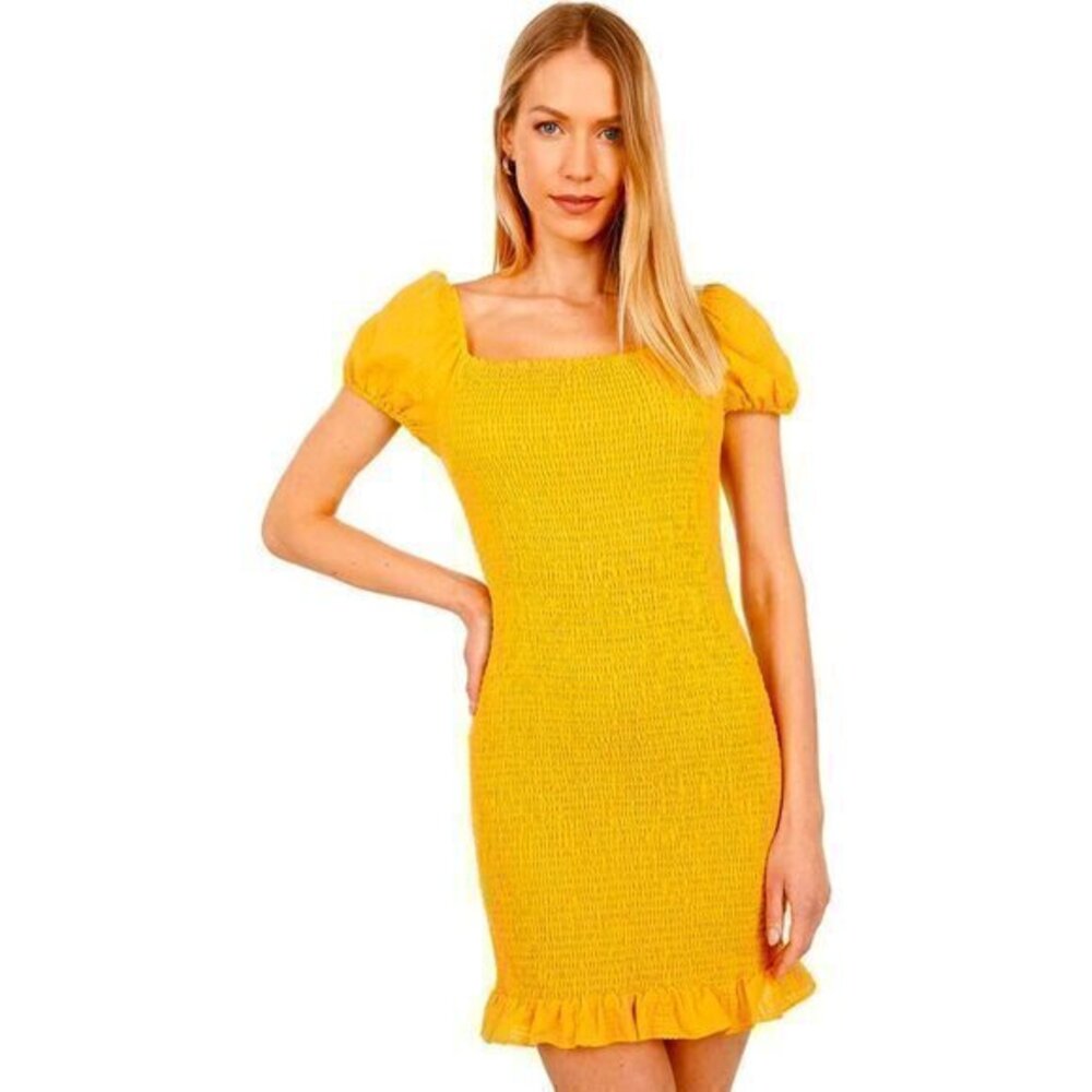Trixxi Mustard Yellow Smocked Bodycon Mini Dress Size L NWT
